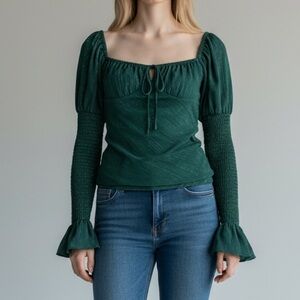 Wayf Smocked Puff Sleeve Chiffon Top